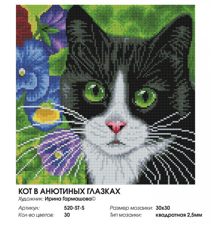 Алмазная вышивка «Кот в анютиных глазках» — картинка 3