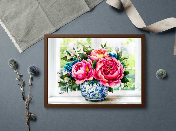 Алмазная вышивка «Пионы на окне» — картинка 5