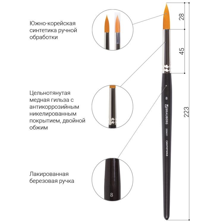 Кисть художественная профессиональная Art Classic, синтетика жесткая, круглая, № 8, короткая ручка, Brauberg — картинка 4