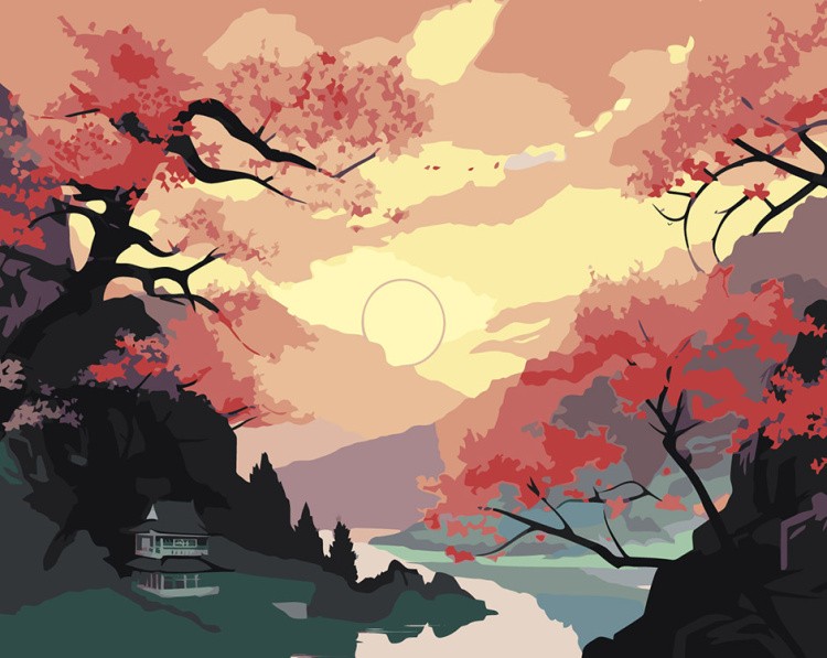 Картина по номерам «Цветущая сакура в горах»