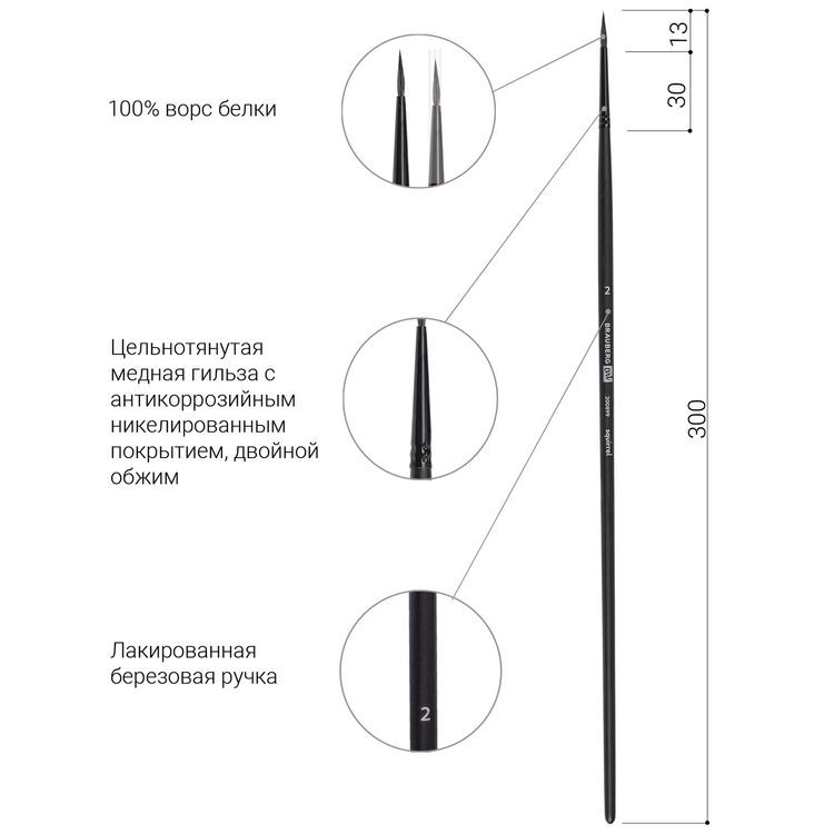 Кисть художественная профессиональная Art Classic, белка, круглая, № 2, длинная ручка, Brauberg — картинка 4