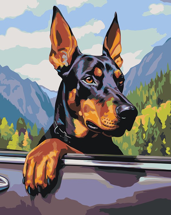 Картина по номерам «Собака доберман в горном лесу 2»