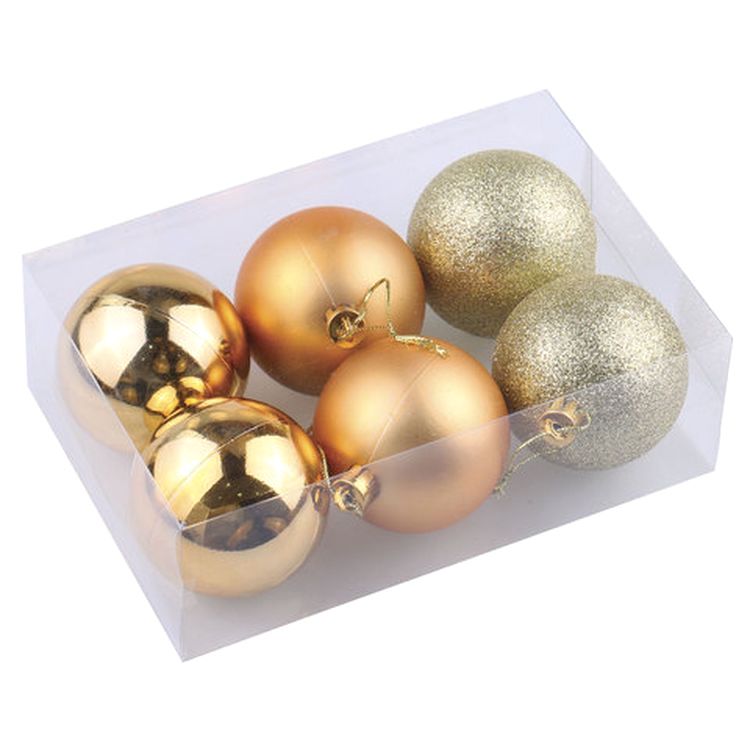 Шары елочные, набор 6 шт., пластик, 8 см, темное золото (глянец, матовый, глиттер) — картинка 4