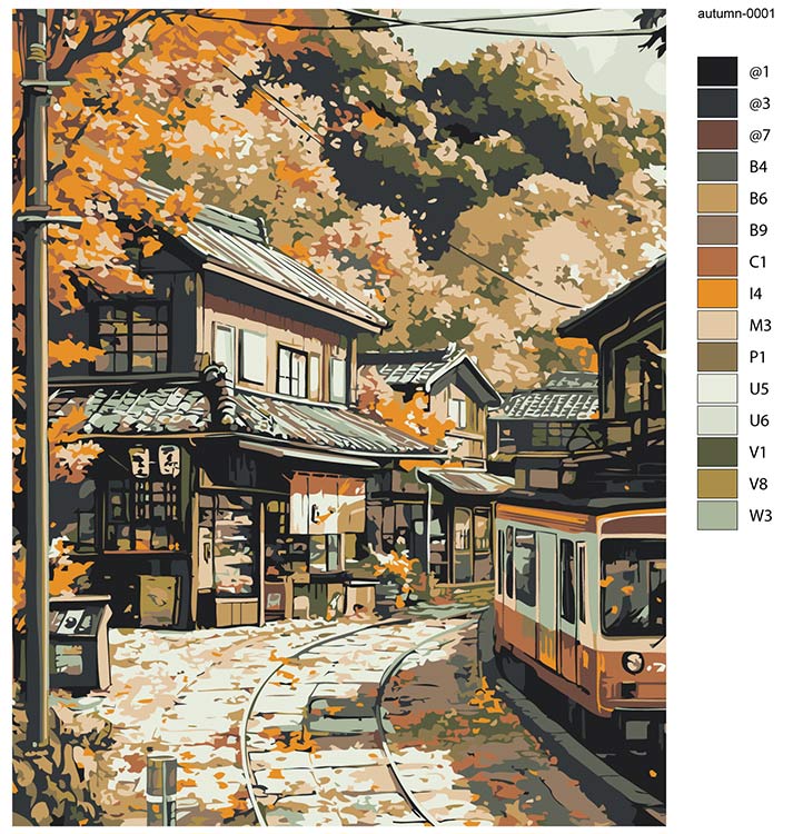 Картина по номерам «Осень: трамвай в уютной деревне, Япония» — картинка 2