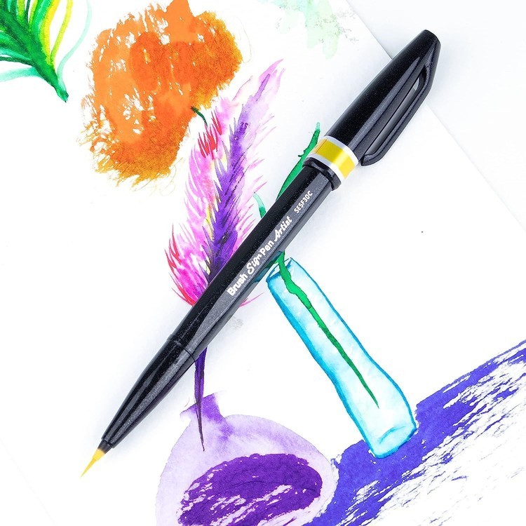 Браш пен Brush Sign Pen Artist, ultra-fine, 0,5 - 5 мм, цвет: желтый, Pentel — картинка 5