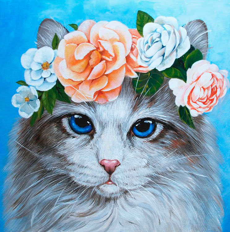 Алмазная вышивка «Голубоглазый кот в цветах»