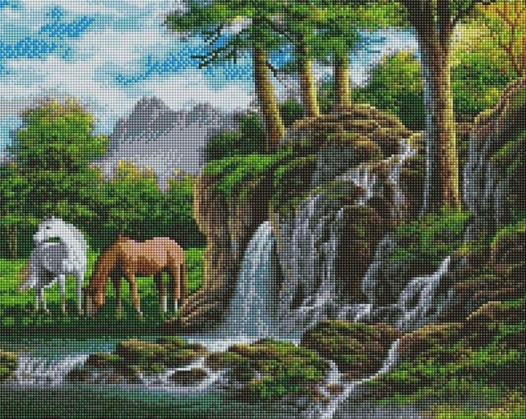 Алмазная вышивка «Кони у водопада»
