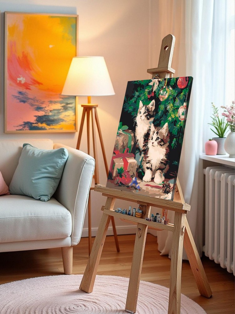 Картина по номерам Новогодняя елка и котята с подарками — картинка 10