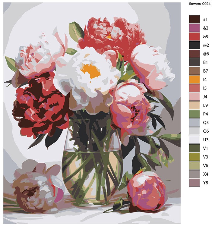 Картина по номерам «Цветы: Разноцветные пионы в стеклянной вазе» — картинка 2
