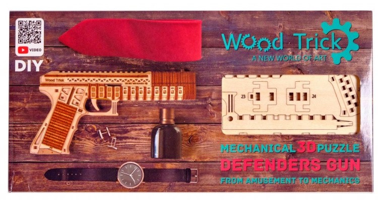 Сборная модель Пистолет Защитник (стреляет пулями), 256 элементов, Wood Trick — картинка 6