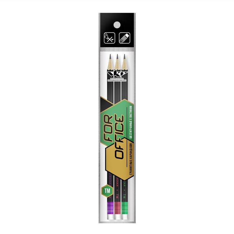 Набор графитных карандашей ВКФ «For Office» черные матовые с ластиком ОПП ТМ (HB), 3 шт.