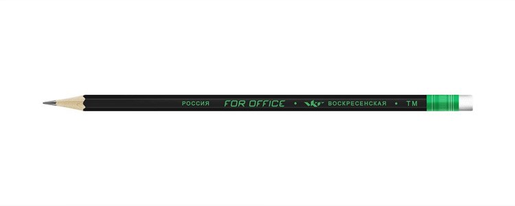 Карандаш графитный  ВКФ «For Office» черный матовый с ластиком ТМ (HB), с зеленым феррулом