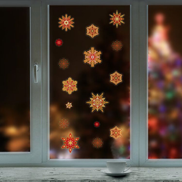 Украшение для окон и стекла «Красно-золотые снежинки 2»