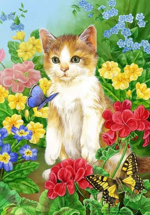 Алмазная вышивка «Котёнок в цветущем саду»