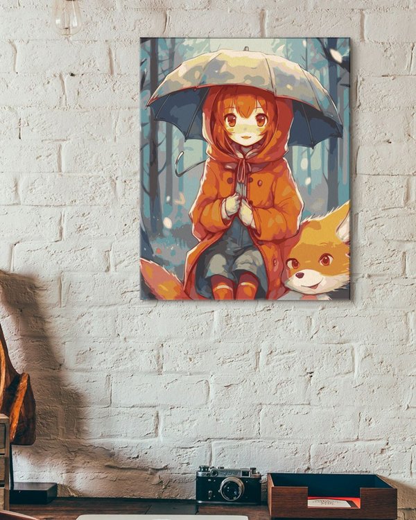 Картина по номерам «Аниме девочка и лисенок по зонтом» — картинка 3