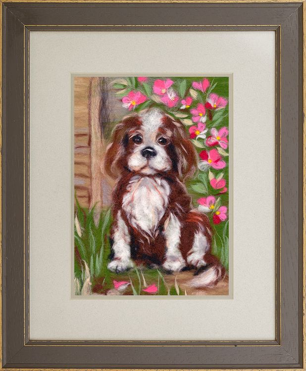 Картина шерстью «Щенок в цветах» — картинка 2