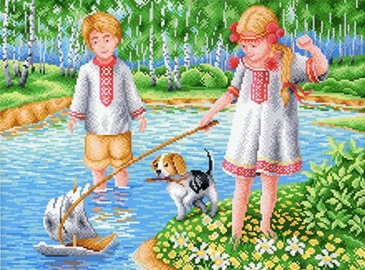 Рисунок на ткани «Игры на реке»