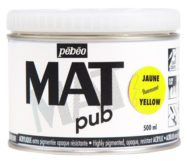 Краска акриловая экстра матовая Mat Pub №3, желтая, флуоресцентная, 500 мл, PEBEO