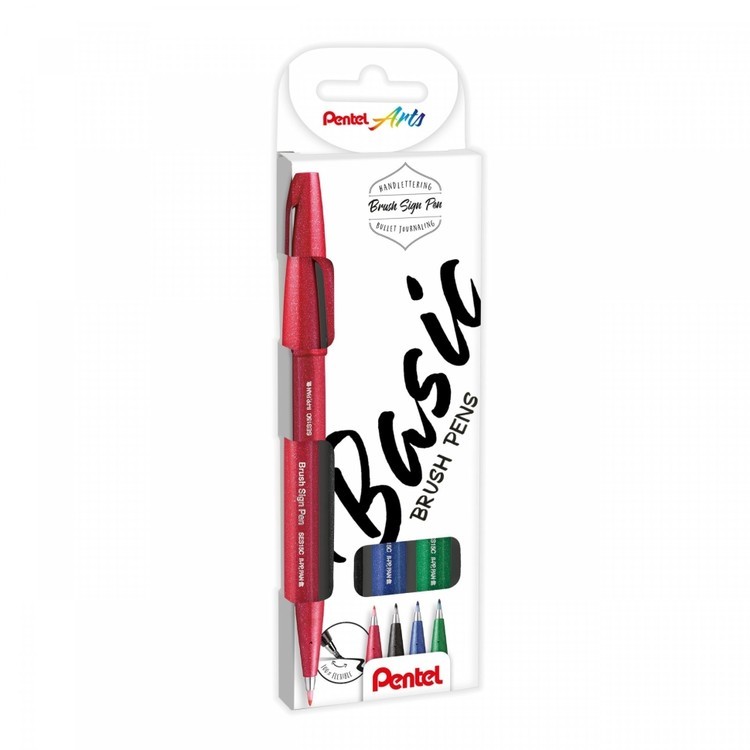 Набор Brush Pen в картоне, 4 цвета от 0.2 мм, кисть, Pentel — картинка 4