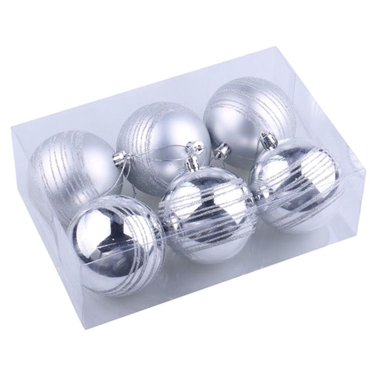 Шары елочные с узором, набор 6 шт., пластик, 8 см, серебристые (3 глянцевых, 3 матовых) — картинка 4