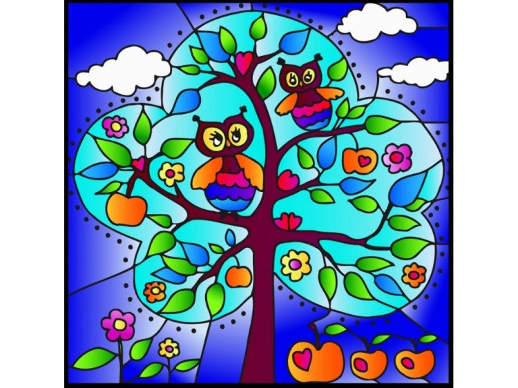 Витраж-раскраска «Совы и яблоки»