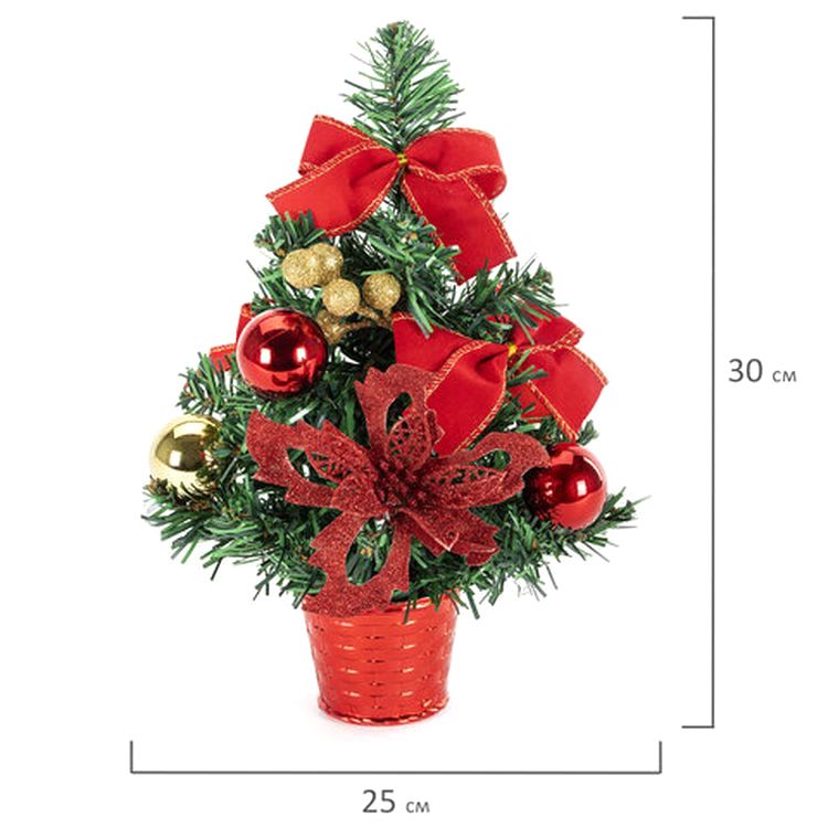 Ель искусственная декоративная, 30 см, цвет украшений: красный/золотистый — картинка 3