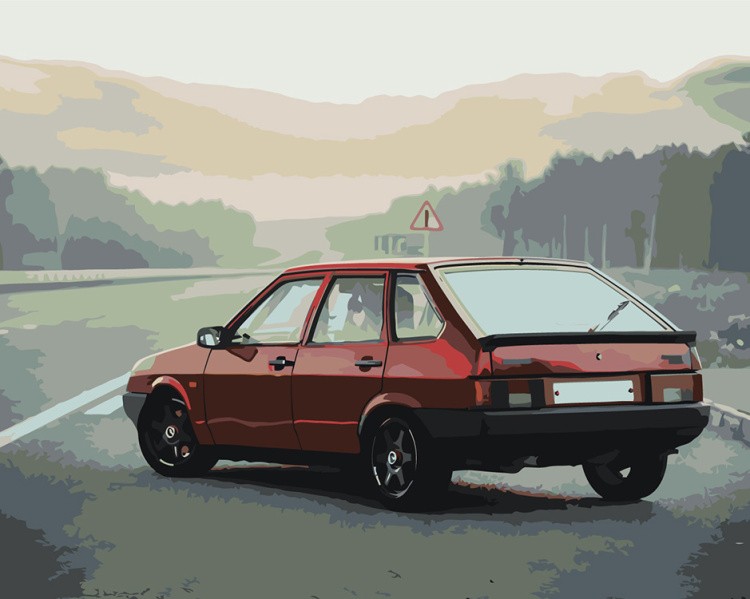 Картина по номерам «ВАЗ-2109: красная Лада девятка на дороге»