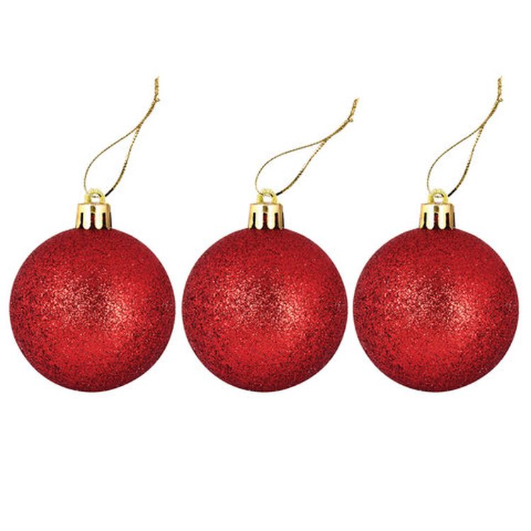 Шары елочные, набор 12 шт., пластик, 6 см, красные (глянец, глиттер, рисунок) — картинка 4