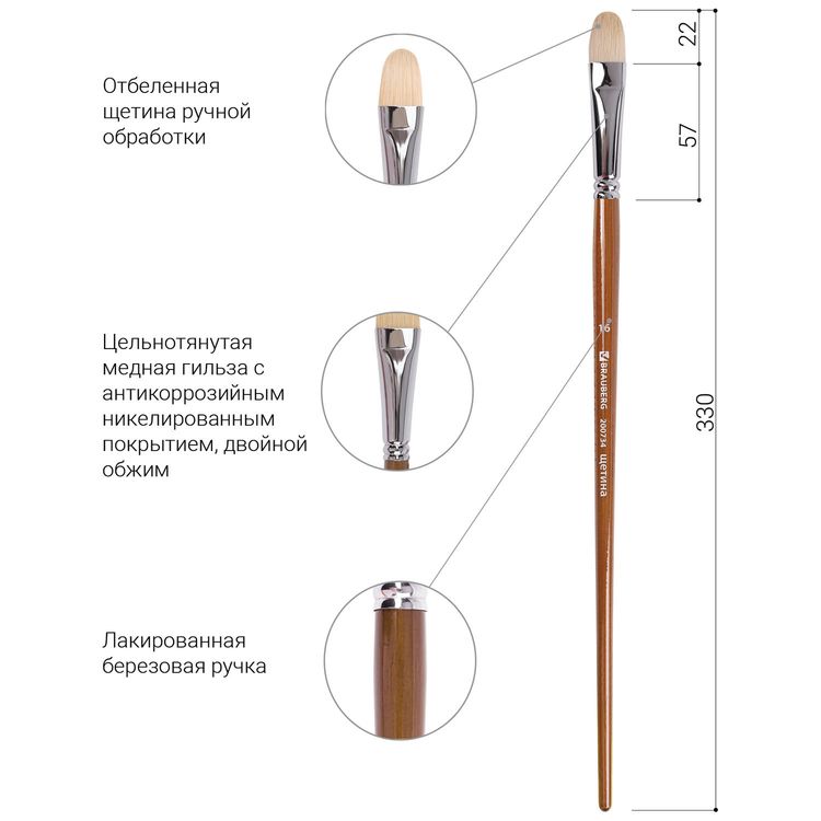Кисть художественная профессиональная Art Classic, щетина, овальная, № 16, длинная ручка, Brauberg — картинка 4