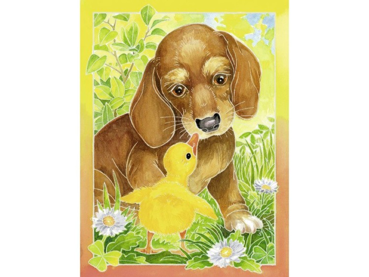 Картина акварелью по контурам «Щенки и их друзья» — картинка 2