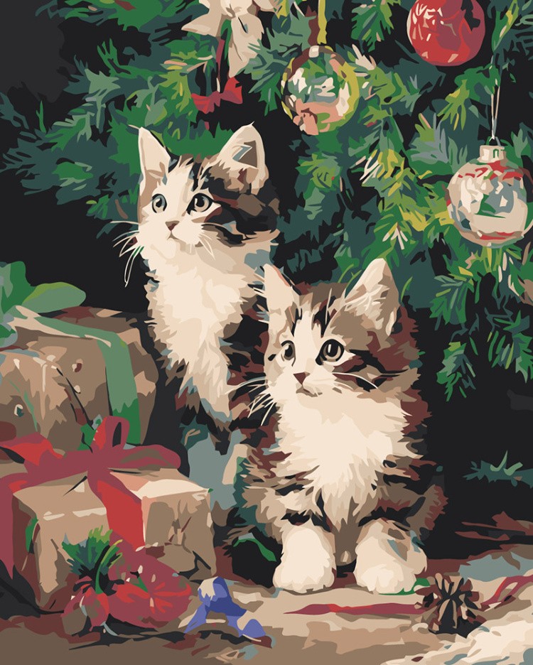 Картина по номерам Новогодняя елка и котята с подарками