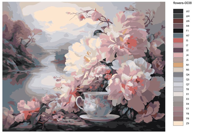 Картина по номерам «Цветы: Композиция с чашкой и пейзажем» — картинка 2