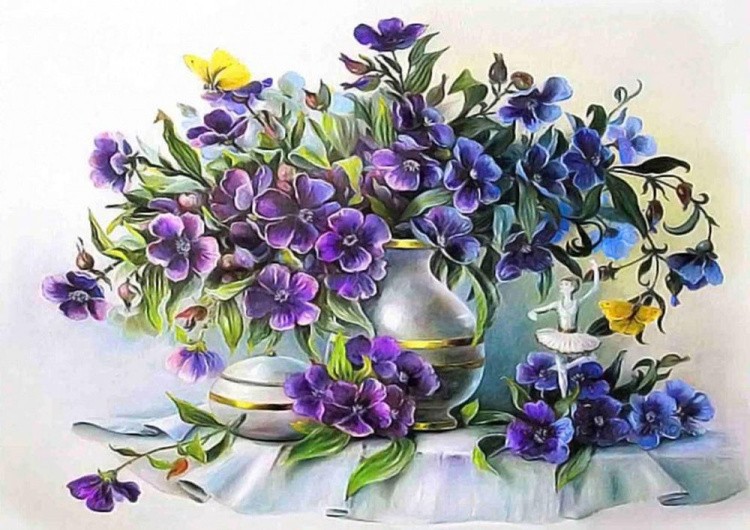 Рисунок на ткани «Фиолетовые цветы в вазе»