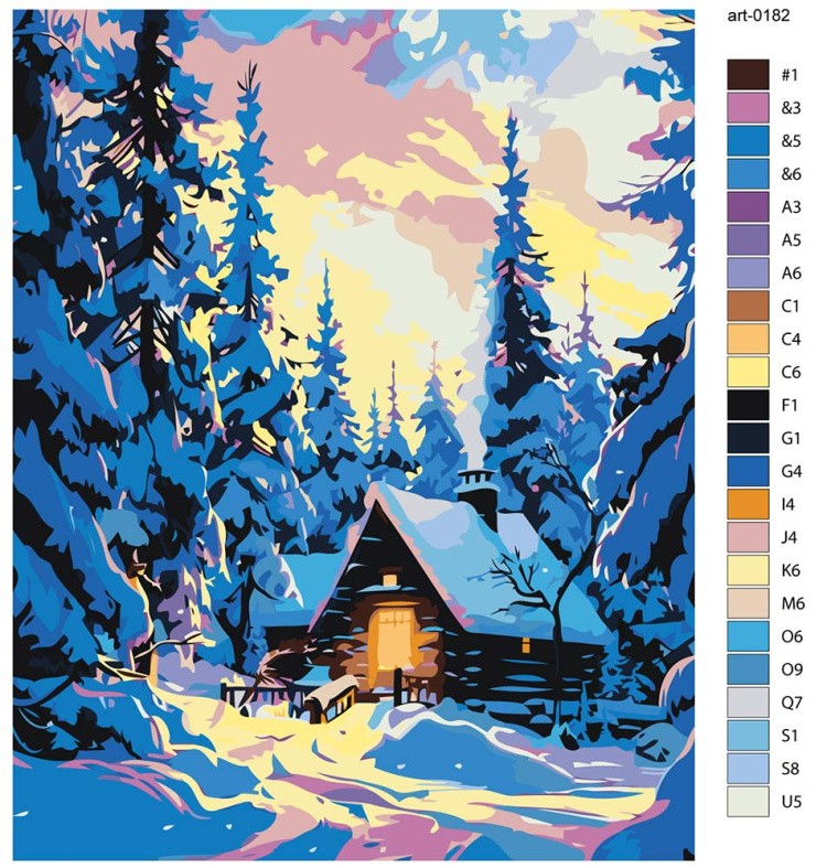 Картина по номерам «Зима: домик в заснеженном лесу, закат» — картинка 2