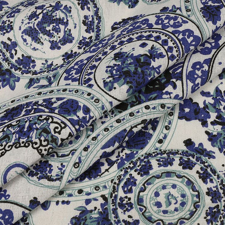 Ткань льняная, 3 м x 150 см, 140 г/м², цвет: синий, орнамент, TBY