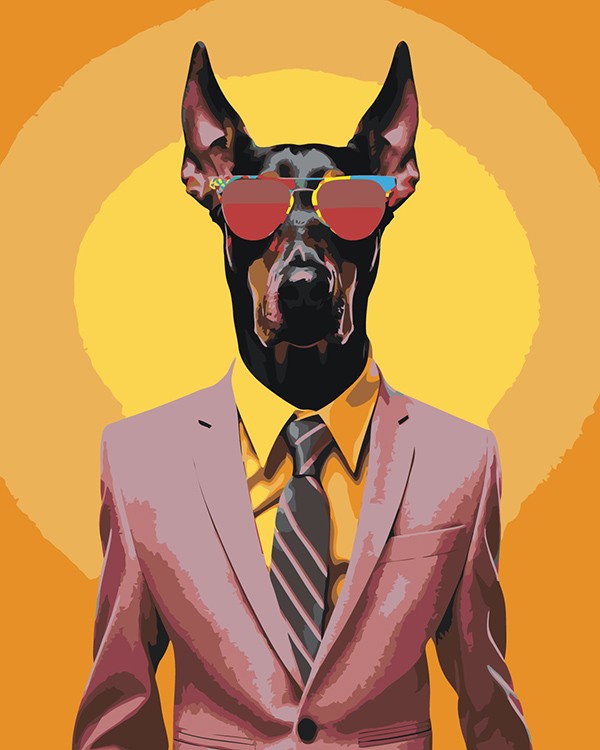 Картина по номерам «Собака доберман в костюме и очках»