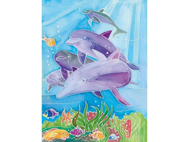 Картина акварелью по контурам «Дельфины» — картинка 3
