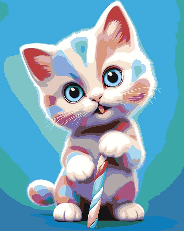 Картина по номерам «Милый разноцветный котенок с леденцом»
