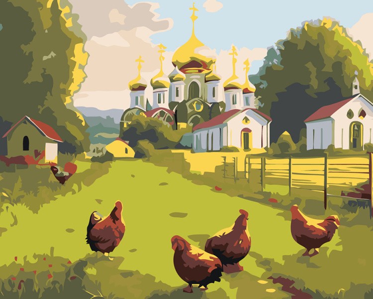 Картина по номерам «Природа: Деревенский пейзаж с церковью»