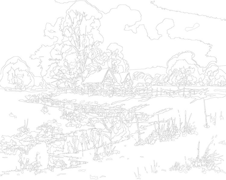 Картина по номерам «Зима: Пейзаж с ручьем и деревенскими домами» — картинка 3