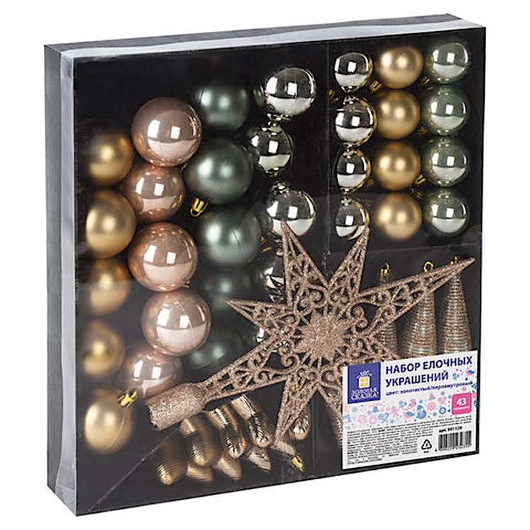 Набор украшений для ели, 43 предмета, цвет золото + перламутр — картинка 2