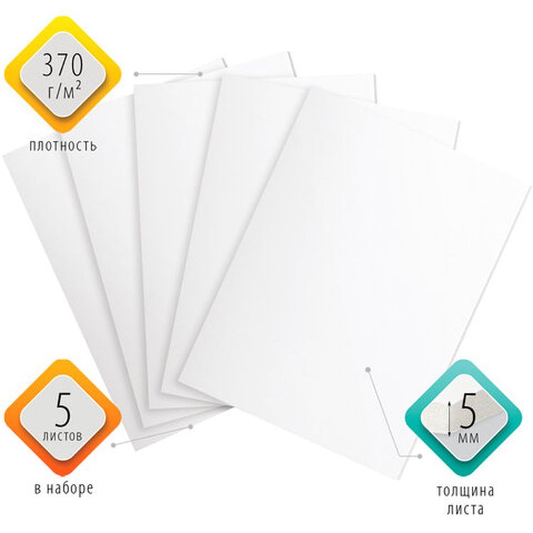 Пенокартон матовый, 50х70 см, толщина 5 мм, белый, комплект 5 листов, BRAUBERG — картинка 2