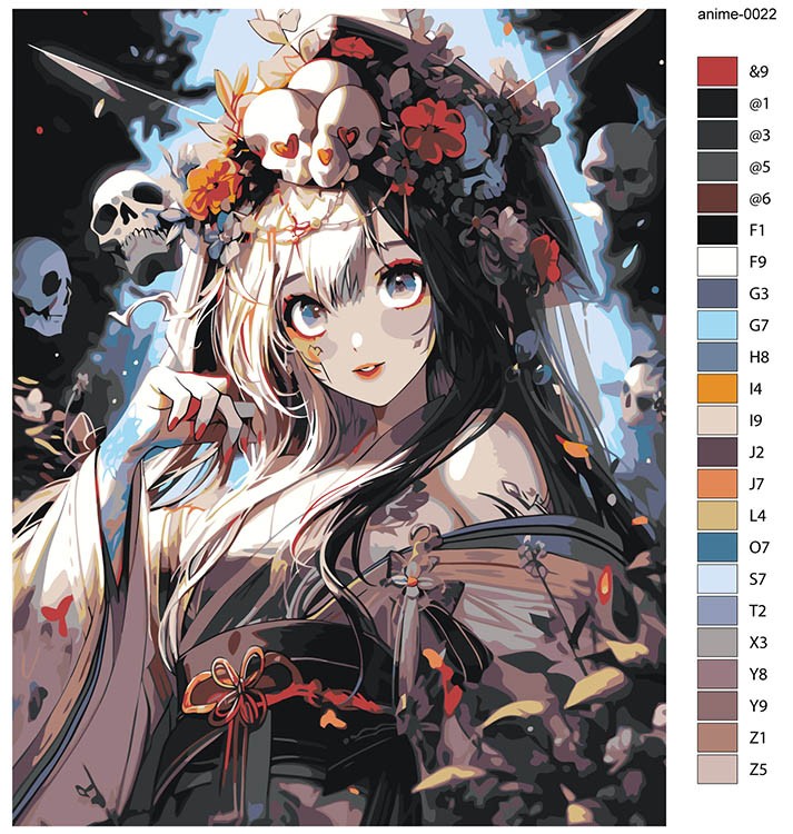 Картина по номерам «Аниме: Девушка-ведьма с черепами и цветами в волосах» — картинка 2