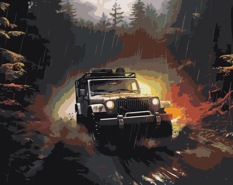 Картина по номерам «Машины: Внедорожник на лесной дороге»