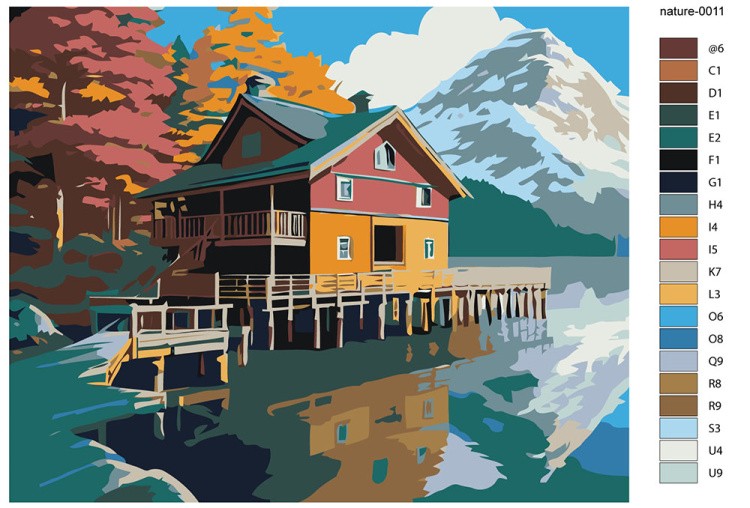 Картина по номерам «Природа: Пейзаж с домом на озере с видом на горы» — картинка 2